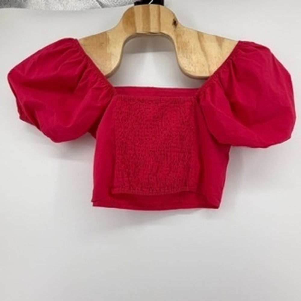 Sim & Sam Womens Pink Flame Pleated Puff Sleeve Smocked Crop Top 52312BL M NEW - Picture 3 of 8